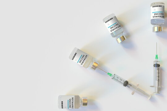 Clock face made with rotavirus vaccine vials and syringes. Vaccination time concept. Conceptual medical 3D rendering