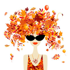Autumn concept. Female portrait with autumn leaves, pretty woman in sunglasses. Design for fashion cards, banners, posters