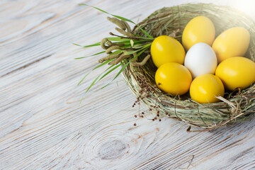 yellow  colored Easter eggs in nest top view background, selective focus image. Happy Easter card	