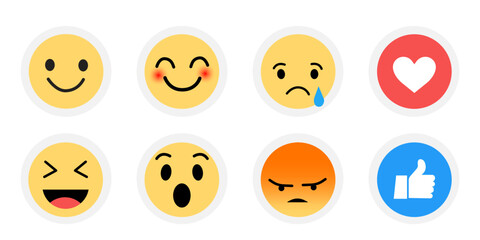 A collection of social media emoticons. Happy, Love, Angry, Sad, Cry, Laugh, wow, happy.