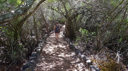 A female tourist going through a wooden path to th etortoise sanctuary, Isabella, Galapagos Islands