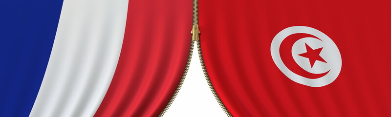 Flags of France and Tunisia and closing or opening zipper between them. Political negotiations or interaction conceptual 3D rendering