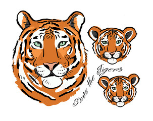Tigress with cubs. Tigers family for your design. Save the Tigers.