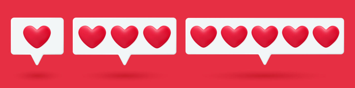 Message bubble with hearts 3d vector. Valentines day love message. Social media like or comment, website feedback. Love, wedding, engagement, datting and passion symbol.