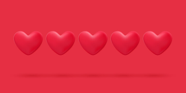Hearts 3d wallpaper. 3d red heart vector illustration. Valentines day poster. Romantic banner. Symbol of love, wedding, engagement, datting and passion.