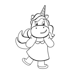 Funny unicorn coloring book. Cute cartoon pony character in black and white style. For postcards, posters, book illustrations. Vector illustration in doodle style.