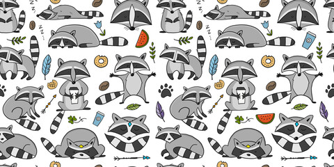 Racoons Family. Funny Characters. Seamless pattern for your design © Kudryashka