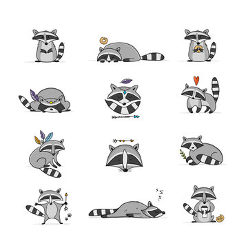 Racoons Family. Funny Characters. Icons set for your design