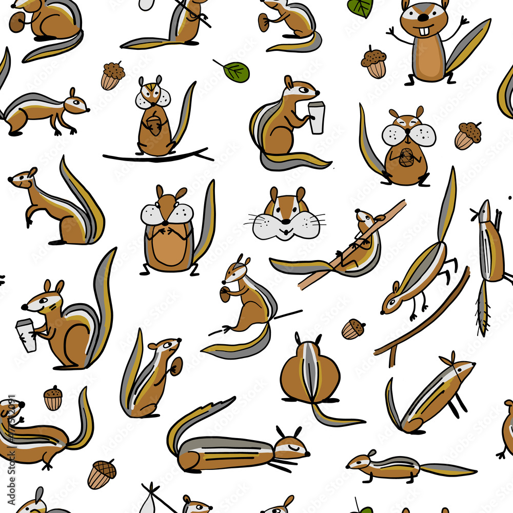 Poster Funny Chimpank family with nuts. Ground Squirrel. Seamless Pattern for your design