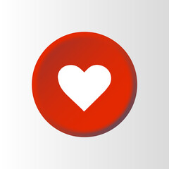 Vector glossy red round heart button on crumpled paper. Image contains transparency in lights and shadows and can be placed on every surface. 
