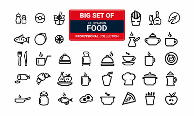 Food and Cooking. Minimal modern symbols, outline icons set black and white 04