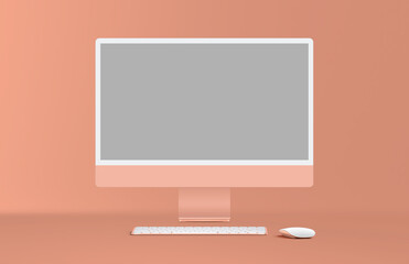 New orange desktop computer display with mouse and keyboard on orange background. Modern blank flat monitor screen. Front view.