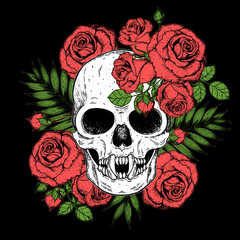 Skull and flowers hand drawn illustration. Tattoo vintage print. Skull and roses.