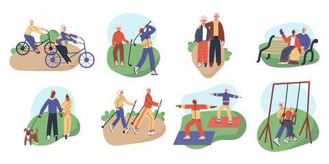 Set with happy active senior couples. Elderly man and woman make nordic walking, yoga, golf, riding bicycles, swing on a swing, take selfiye. Grandmother and grandfather flat vector illustration