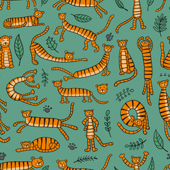 Collection of tigers and tropical leaves. Seamless Pattern for your design