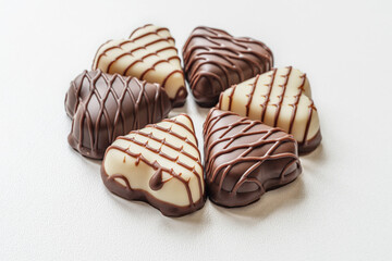 dark and white chocolate candies in the shape of hearts on a white surface