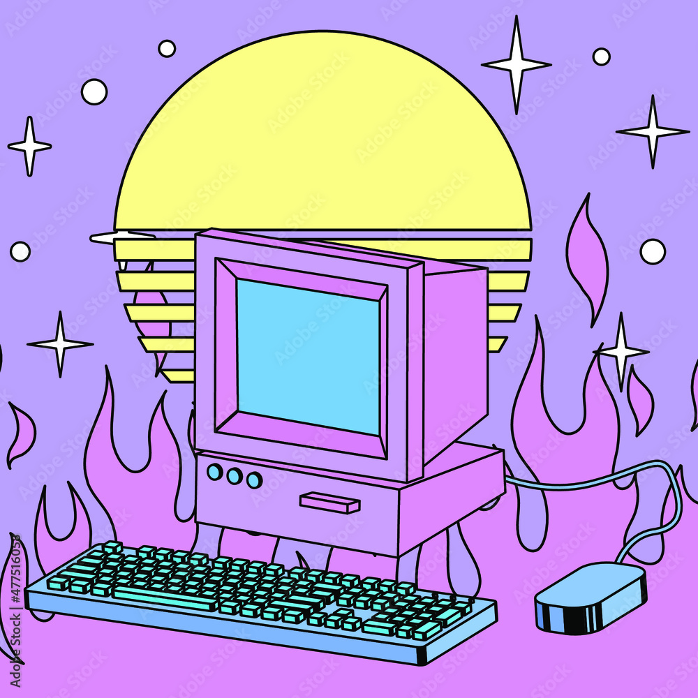 Poster retro computer machine with a crt monitor and keyboard and a blaze of fire in the background. vaporw