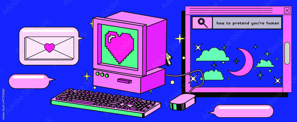 Poster old retro computer with crt monitor and keyboard. vaporwave vintage style aesthetics.