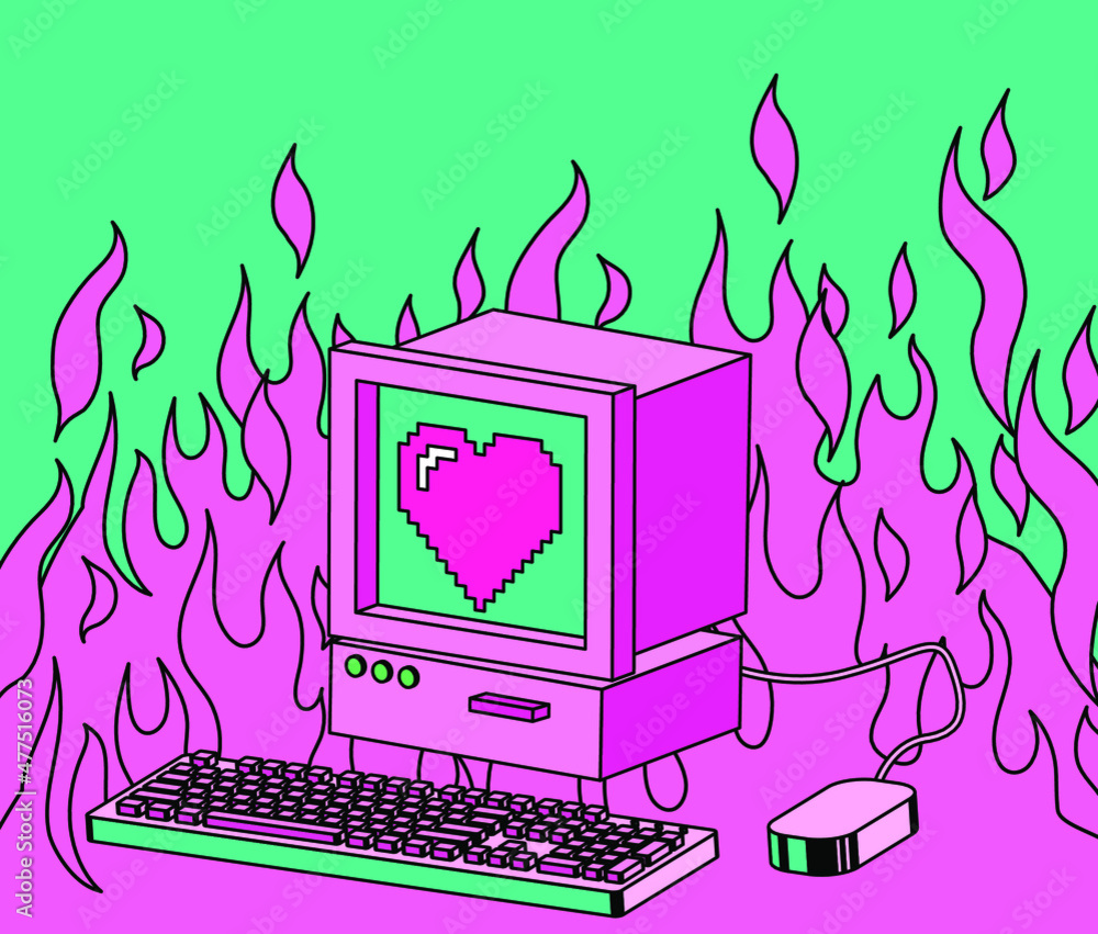 Poster Retro computer machine with a CRT monitor and keyboard and a blaze of fire in the background. Vaporwave style vector illustration in pastel colors.