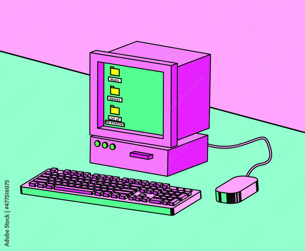 Poster old retro computer with crt monitor and keyboard. vaporwave vintage style aesthetics.