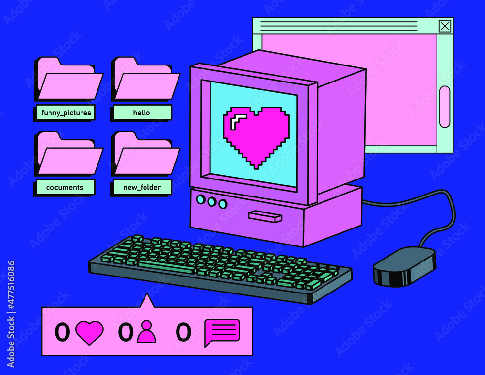 Aufkleber Old retro computer with CRT monitor and keyboard. Vaporwave vintage style aesthetics.