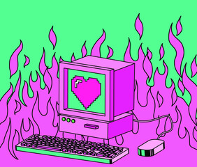 Retro computer machine with a CRT monitor and keyboard and a blaze of fire in the background. Vaporwave style vector illustration in pastel colors.
