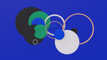 Group of colorful circle shapes. Blue background. Abstract illustration, 3d render.
