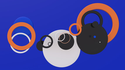 Group of colorful circle shapes. Blue background. Abstract illustration, 3d render.