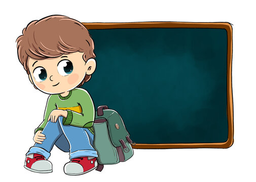 Boy in school sitting next to the blackboard