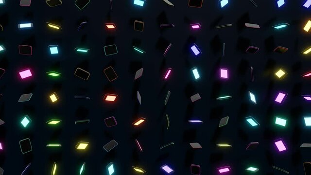 4r loop dark background with abstract blocks on plane like devices with screen lighting with multicolor neon light. Bg for festive show or holiday events, concerts, music videos, VJ for night clubs.