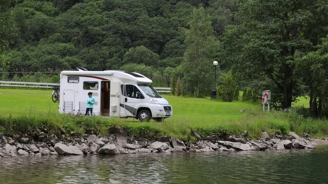 Family vacation travel RV, holiday trip in motorhome
