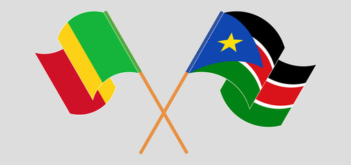 Crossed and waving flags of Mali and South Sudan