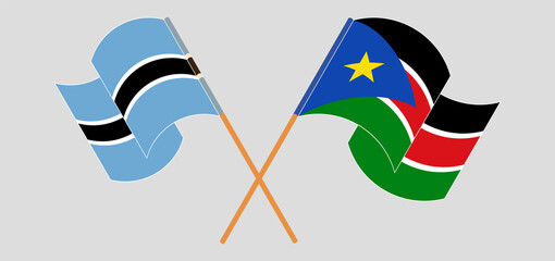 Crossed and waving flags of Botswana and South Sudan