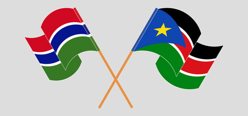 Crossed and waving flags of Gabon and South Sudan