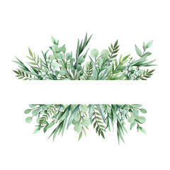 Fototapeta na wymiar Watercolor hand-drawn illustration. A frame made of leaves and herbs. Botanical illustration. 