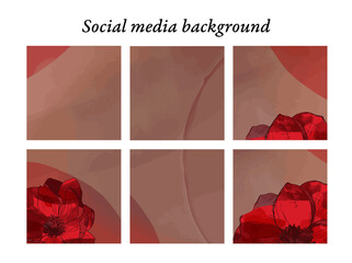 Plantillas de diseño para publicaciones en redes sociales de motivos florales de acuarela en tonos rojos, rosas y malva, con espacio para texto e imágenes
