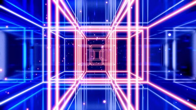 Motion graphic, camera fly in art space or tunnel with neon light. Modern motion design vj loop, flying through art space of glow rectangles, spheres, lines and wireframes, rainbow gradient color.
