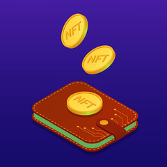 Obraz na płótnie Canvas NFT wallet. NFT non fungible token. Nft gold coin and leather wallet. Nft and cryptocurrency investment concept. NFT art.