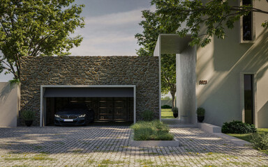 Modern front house with car parked in garage - 477519273