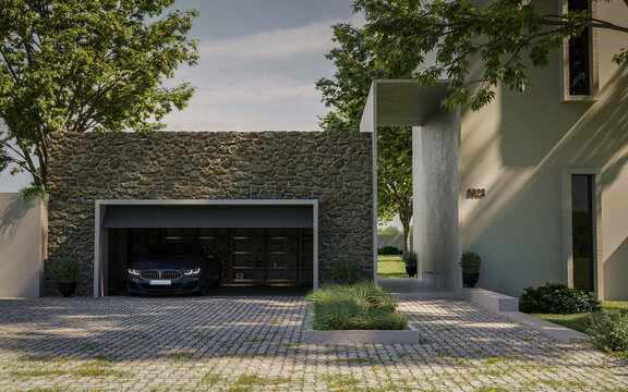 Modern front house with car parked in garage