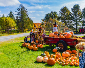 farm stand along the road decorated with Halloween scarecrows, old wagon and tractor, pumpkins and Jack O' Lanterns
