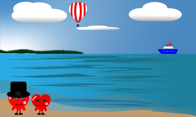 two young hearts on the beach with ship, young girl waving from Hot Air Ballon, blue sky and clouds and calm seas.
