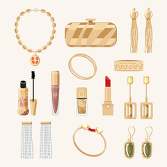 Set jewelry gold accessories with necklace, cosmetics, bracelets earrings and clutch bag. Fashion women collection. Expensive luxury items. Flat style vector illustration