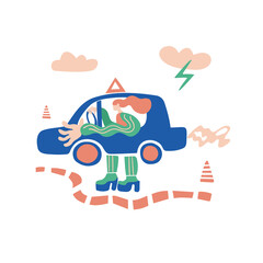 driving school license test.Young woman in drive seat. Teaching driver.Vector hand drawn flat style.Stop sign..Steering wheel.icon for web, school, poster print.Funny minimalist style..dividing strip.