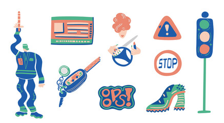 Sticker set driving license test.Young woman in drive seat. Teaching driver.Vector hand drawn flat style.Traffic lights.Stop sign..Car keys.Steering wheel.icon for web, school, poster print.Policeman