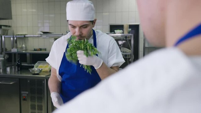 Shooting over shoulder of angry chef handsome cook smelling greenery talking shrugging shoulders. Portrait of unsure Caucasian man in uniform arguing with colleague at workplace