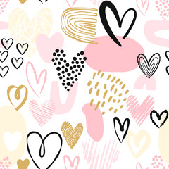 Abstract simple pink and gold hand drawn hearts. Love seamless pattern