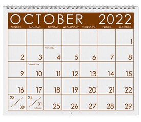 2022: Calendar: Month Of October