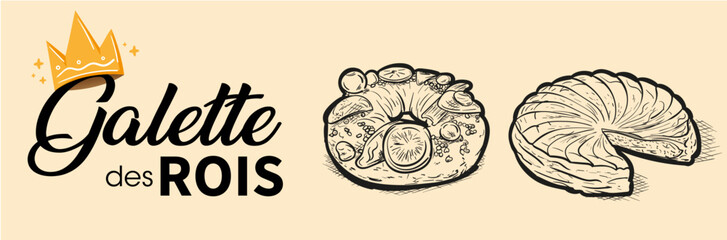 Galette des rois - Illustrations de couronne et gâteaux pour l'épiphanie - obrazy, fototapety, plakaty