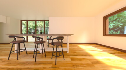 大きな窓があるダイニングキッチン	